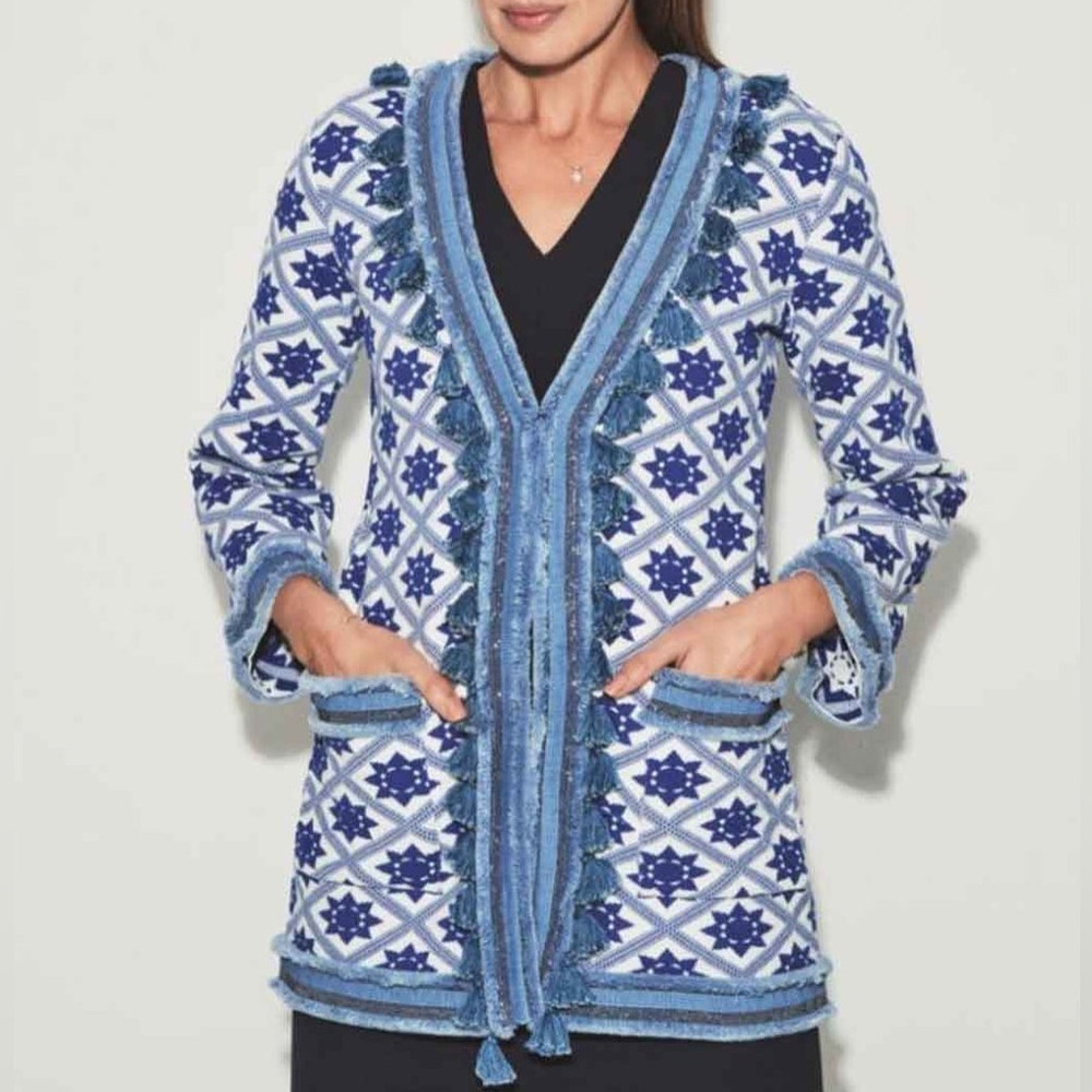 The Extreme Collection Knit Embroidered Tasseled Blue Open Cardigan